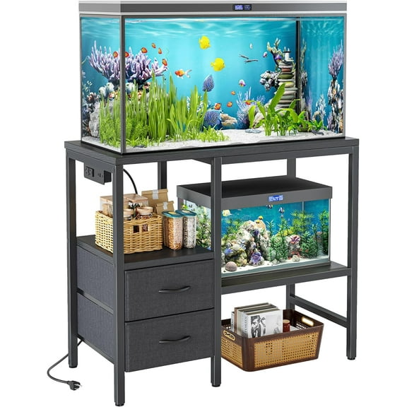 20-29 Gallon Multi - Tier Aquarium Stand with Storage Drawers & Shelf, Sturdy Metal Frame for Fish Tanks with Power Outlet, 30.7" L*13.8" W Tabletop, Black
