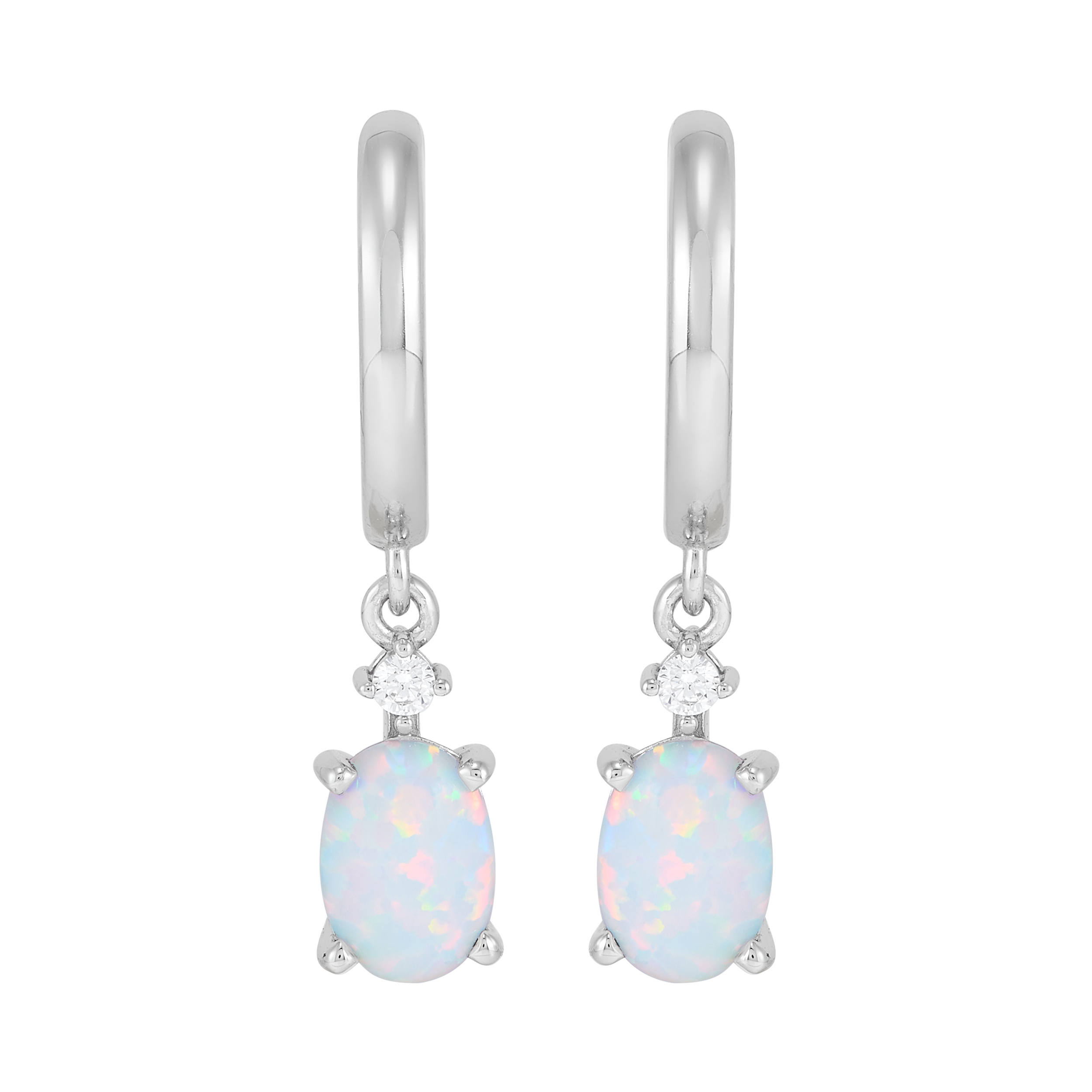 Brilliance Fine Jewelry Oval Created Opal and White Cubic Zirconia Hoop Earrings in Sterling Silver