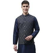 Maple Clothing Sleeveless Nehru Jacket Men's India Modi Waistcoat Vest Brocade Guest Outfit (Navy Blue/Silver, S)