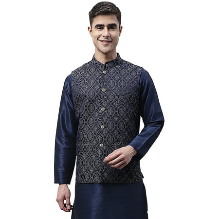 Maple Clothing Men's Sleeveless Modi Jacket Brocade Indian High Collar Waistcoat Vest (Navy Blue/Silver, M)
