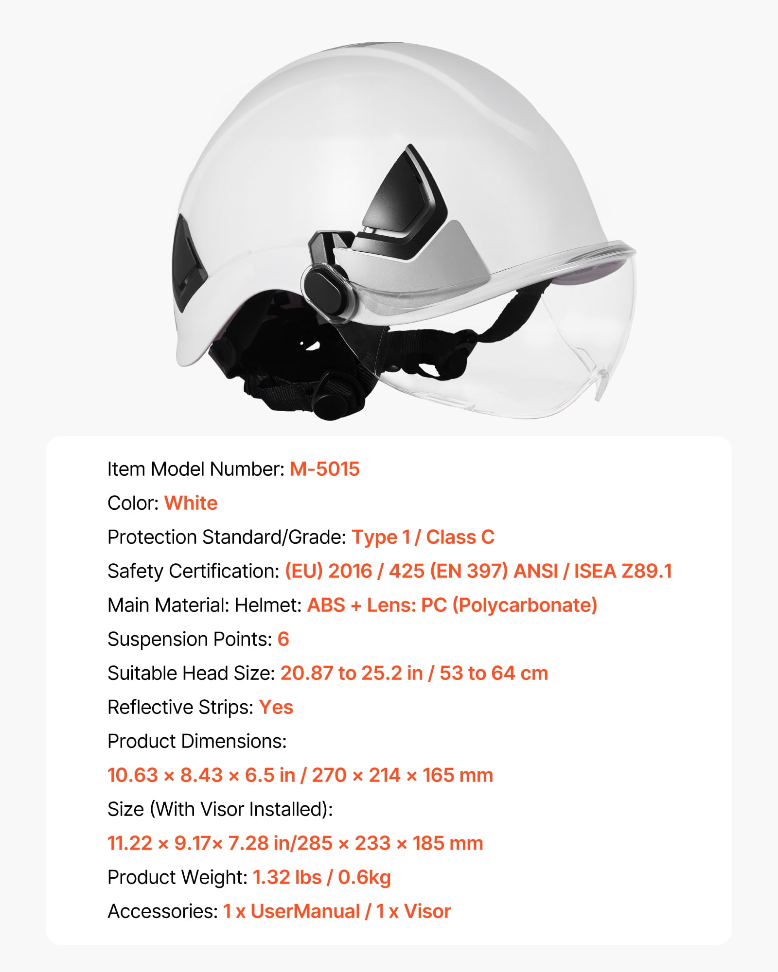 VEVOR Industrial Safety Helmet, ANSI/ISEA Z89.1 Approved ABS Hard Hat with Visor & 6-Point Ratchet Suspension, Adjustable Vented Hardhat for Men & Women, for Outdoor and Indoor Construction Workwear