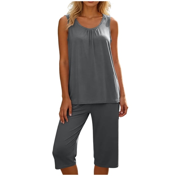 Yievot Sleeveless Pajamas Sets for Women Summer Casual Sleepwear Soft Pj Capris 2 Piece Lounge Sets Loungewear