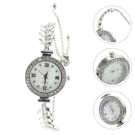 OUNONA Women Quartz Watch Mermaid Design Elegant Crystal Watch Rhinestones Dress Watch Female Fashion Bangle Bracelet Watch Waterproof Wristwatch Silver