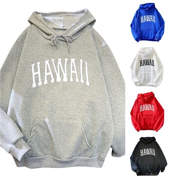 HAYIMI Women Hawaii Print Long Sleeved Sweatshirt Pocket Casual Pullover Hooded Oversized Athletic Tops Daily Wear