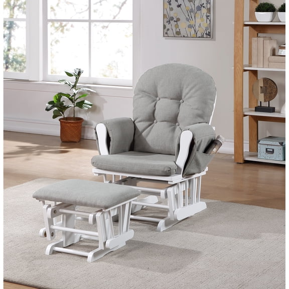 White Wood And Oyster Fabric Mason Glider - Nursery Comfort Space, Silent Gliding, Overstuffed Back Cushion, Button Tuft, Storage Pocket, Arm Style & Relaxation, Quiet Glide, Back, Storage, Classic