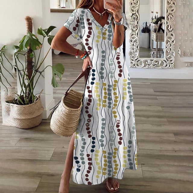 SMihono Robes d'Été Bohémiennes pour Femmes Grande Taille Col en V Style Décontracté Mode Pull à Manches Courtes Imprimé Robe Slim