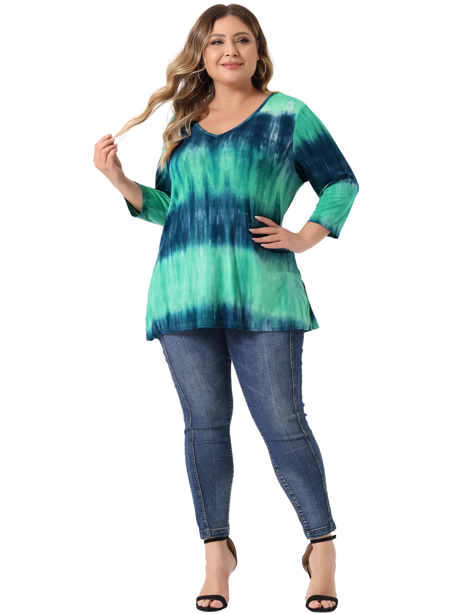 DARING DIVA Women's Plus Size V Neck 3/4 Sleeve Striped Tie Dye Blouse 4X Tiedye Green