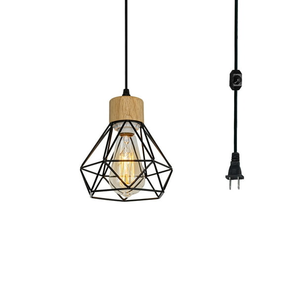 KAYYELAMP Hanging Light Black Metal Cage Shade Wood Base 15 Feet Plug in Cord Dimming Pendant light Vintage Design for Kitchen Island Dining Table Loft Bar(No Bulb)