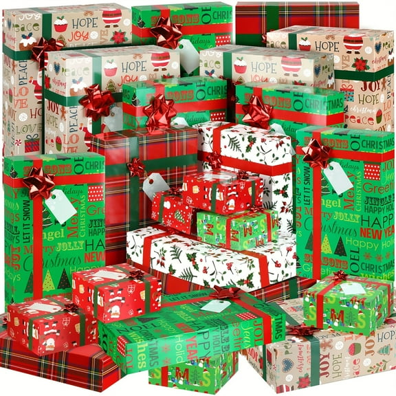 24pcs Christmas Gift Boxes with Lids And Red Bows Christmas Gift Wrap Boxes Holiday Present Box 4 Sizes Gift Boxes Shirt Box for Wrapping Xmas Holiday Present