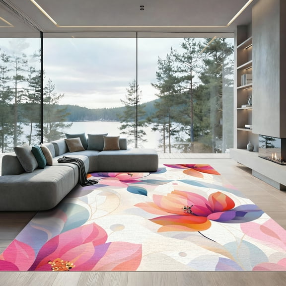 ODIKA 4'x6' Machine Washable Non-Slip Area Rug, Abstract Pink High Traffic Rug, Pink, 1082531