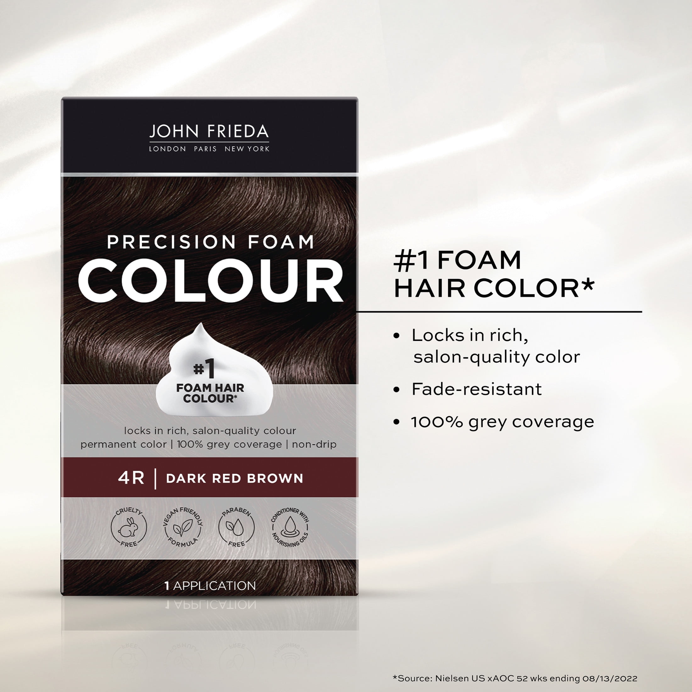 John Frieda Brown Permanent Precision Foam Hair Dye Kit, 4R Dark Red Brown Color, 1 Application
