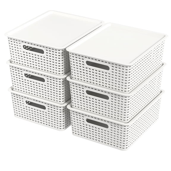Hespama 6-Pack Plastic Weave Storage Basket with Lid, Stackable Organizer Basket, White