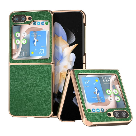 Genuine Leather Case Compatible with Samsung Galaxy Z Flip 5, Luxury Anti-drop Shockproof Plating Frame Ultra Slim Phone Case Cover for Samsung Galaxy Flip 5 2023 for Men Women, Green