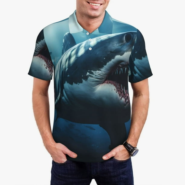 Fotbe 3D Realistic Shark Camiseta Polo de Golf para Hombre con Estampado – Camisa Deportiva Transpirable con Cuello Abotonado-Small