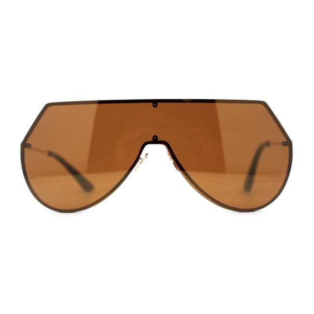 Color Mirror Futuristic Flat Top Shield Rimless Sunglasses Gold Brown