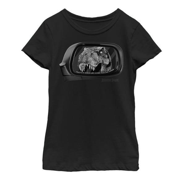 Girl's Jurassic Park T. Rex In Rearview Mirror, Objects Are Closer  Graphic Tee Black Medium