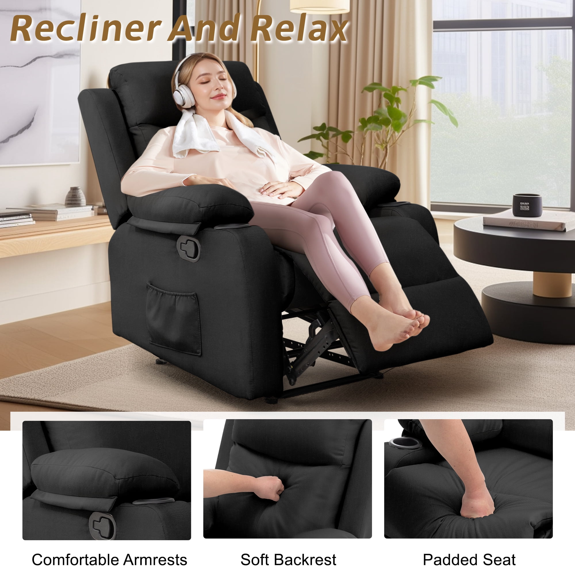 Korser Manual Small Recliner Chair with Fixed Base for Small Spaces Linen Fabric for Living Room,Black