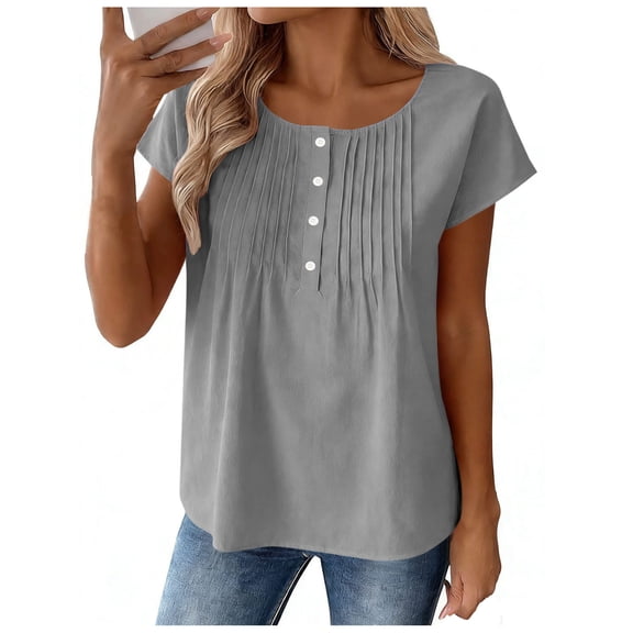 Cilsoka Womens Short Sleeve Button Down Shirts Summer Clothes 2026 Trendy Pleated Scoop Neck Short Sleeve Casual Loost Tunic Tops