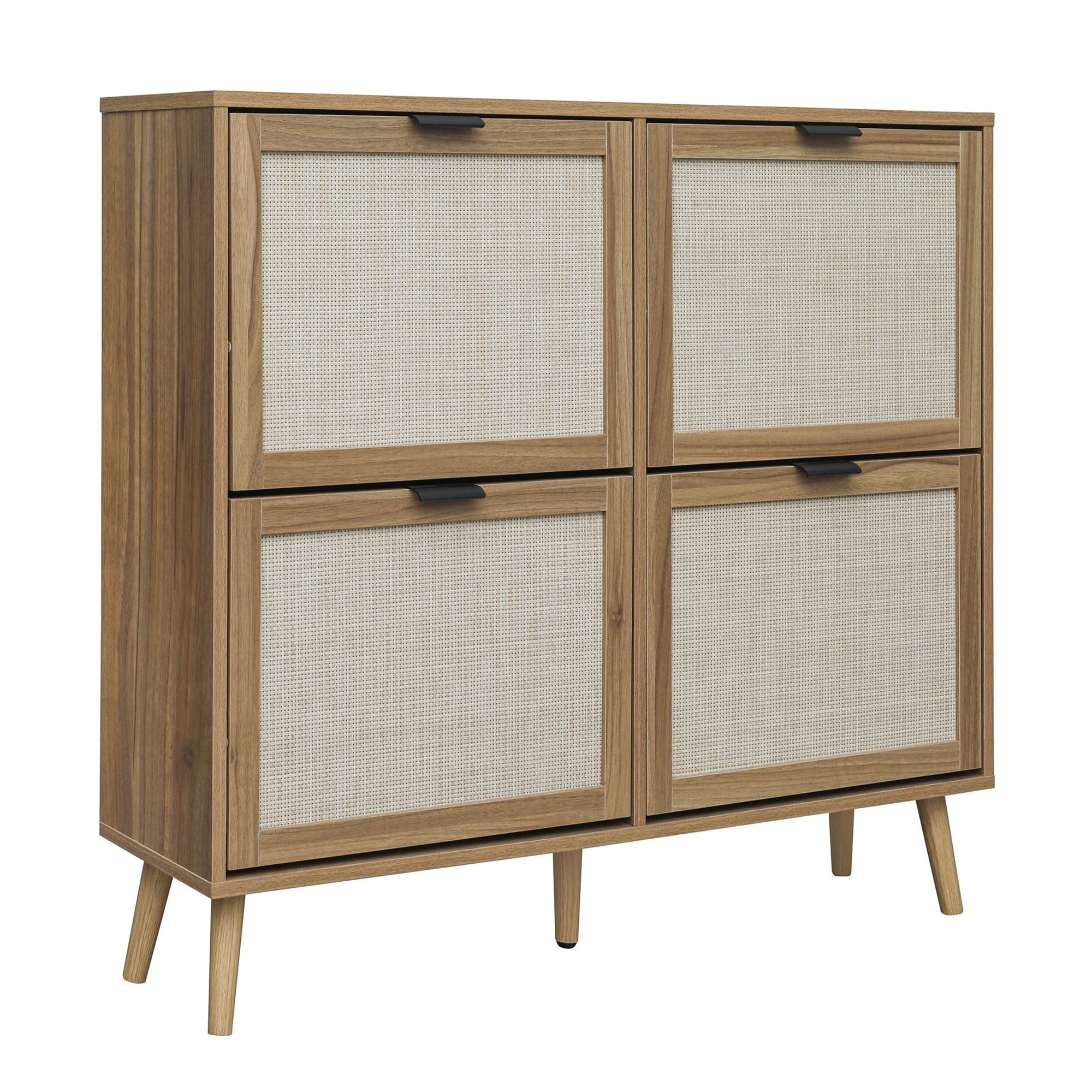 Kadyn 41.34" Walnut Rattan 4 Door Shoe Rack, Freestanding Shoe Rack Storage Organizer for Entryway, Shoe Storage Cabinet