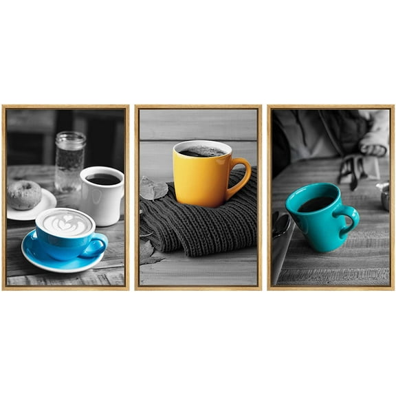 wall26 3 Panel Framed Canvas Wall Art - Partial Color Cups on Black and White Table - Giclee Print Gallery Wrap Modern Home Art Ready to Hang - 16"x24"x3 Natural