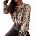 thumbnail image 3 of Camisa Informal de con Cuello en V y Estampado Floral para Mujer, Larga, Estilo Bohemio, para y Otoño. Albaricoque L, 3 of 9
