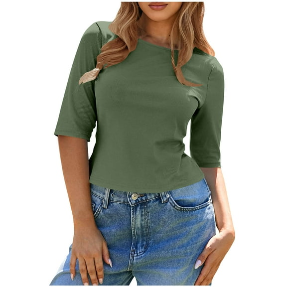2025 Women's Half Sleeve Boat Neck Shirts Ruched Slim Fit Basic Casual T Shirts Summer Casual Lightweight Tee Tops