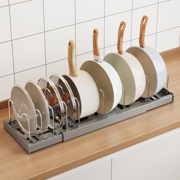 Organizador de Sartenes y Ollas Corredero Porta Sartenes de Cocina Acero inoxidable 9 Compartimentos Ajustables Estante Tapas de Ollas Cajon Gris 2 paquetes
