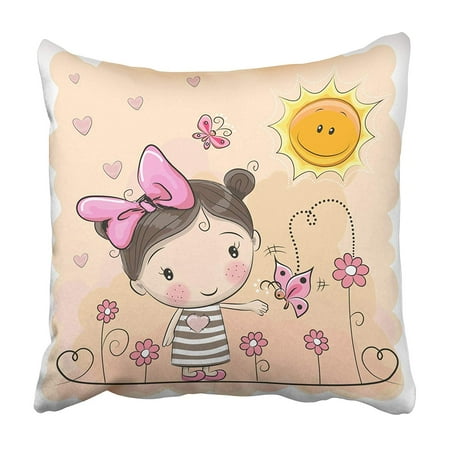 - ARHOME Blue Ant Cute Cartoon Girl on The Meadow with Flowers Pink Baby Balloon Birthday Bow Pillowcase 18x18 inch