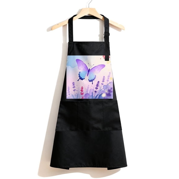 RKSupls Waterproof Bib Apron with 3 Pockets, Purple Lavender Butterfly Adjustable Neck Strap Soft 100% Polyester Water Resistant Apron for Kitchen Restaurant Home Use