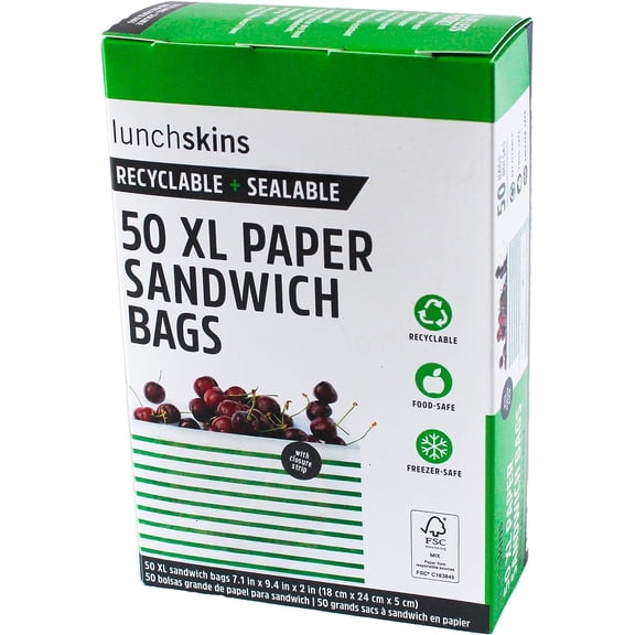 Lunchskins Recyclable  Sealable Stripe Quarts Paper Bags 50 Pack