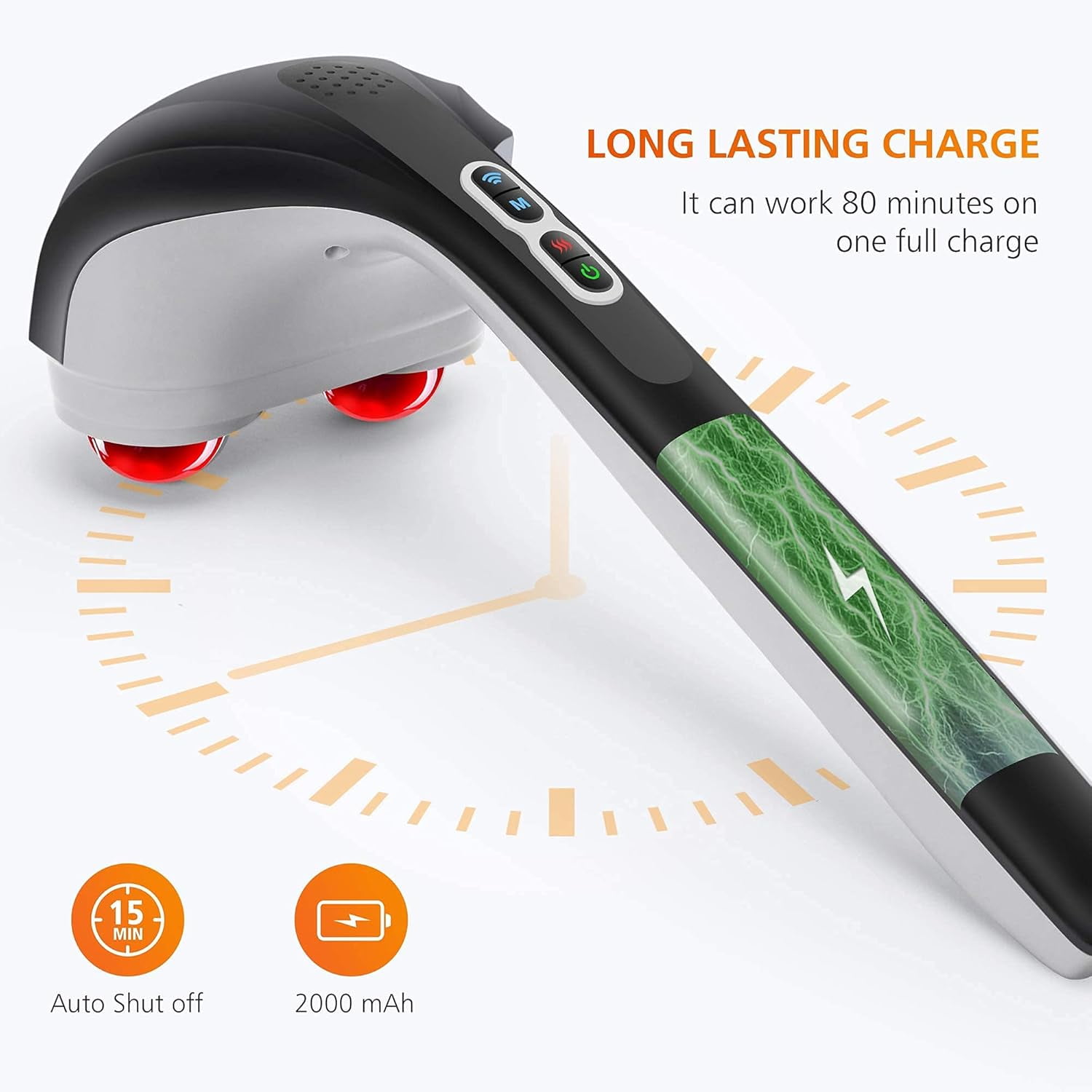 Cordless Handheld Back Massager with Heat, Deep Tissue Percussion for Neck Shoulder