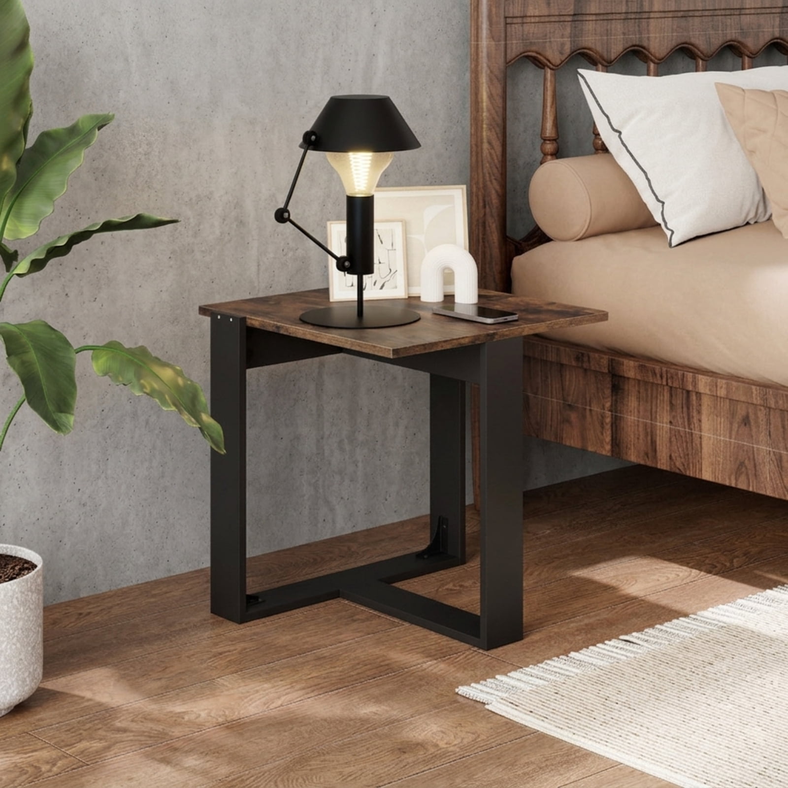 Furnibear Industrial Sofa End Table Set of 2 with Sturdy Metal Frame and T Shaped Base for Living Room Bedroom and Study, Rustic Brown