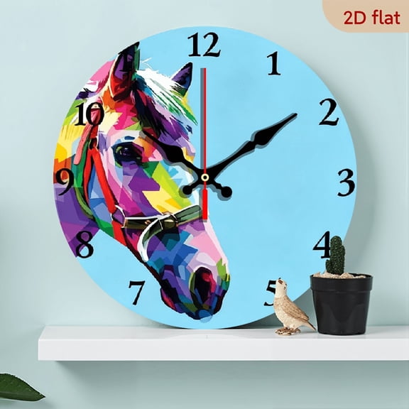 2D Flat 1pc 10Inch Wooden Colorful Horse Design Silent Wall Clock - Round, Battery-Powered, Perfect for Bedroom, Living Room, Office, Kitchen Decor