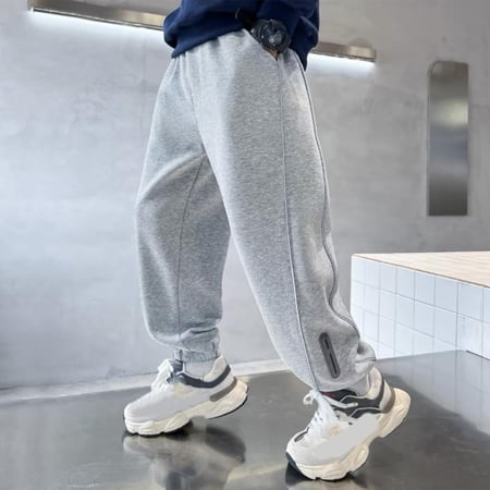 BXJX Boys Cotton Sweatpants Casual Stretchable Elastic Waist Side Pockets Kids Jogger Pants Gray Size 14-15 T