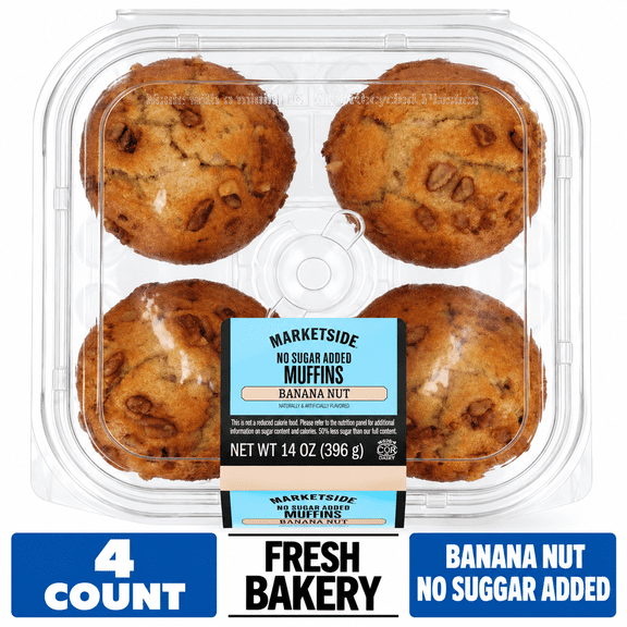 Marketside Moist Banana Nut No Sugar Added English Muffins, 14 oz, 4 Count, Shelf-Stable