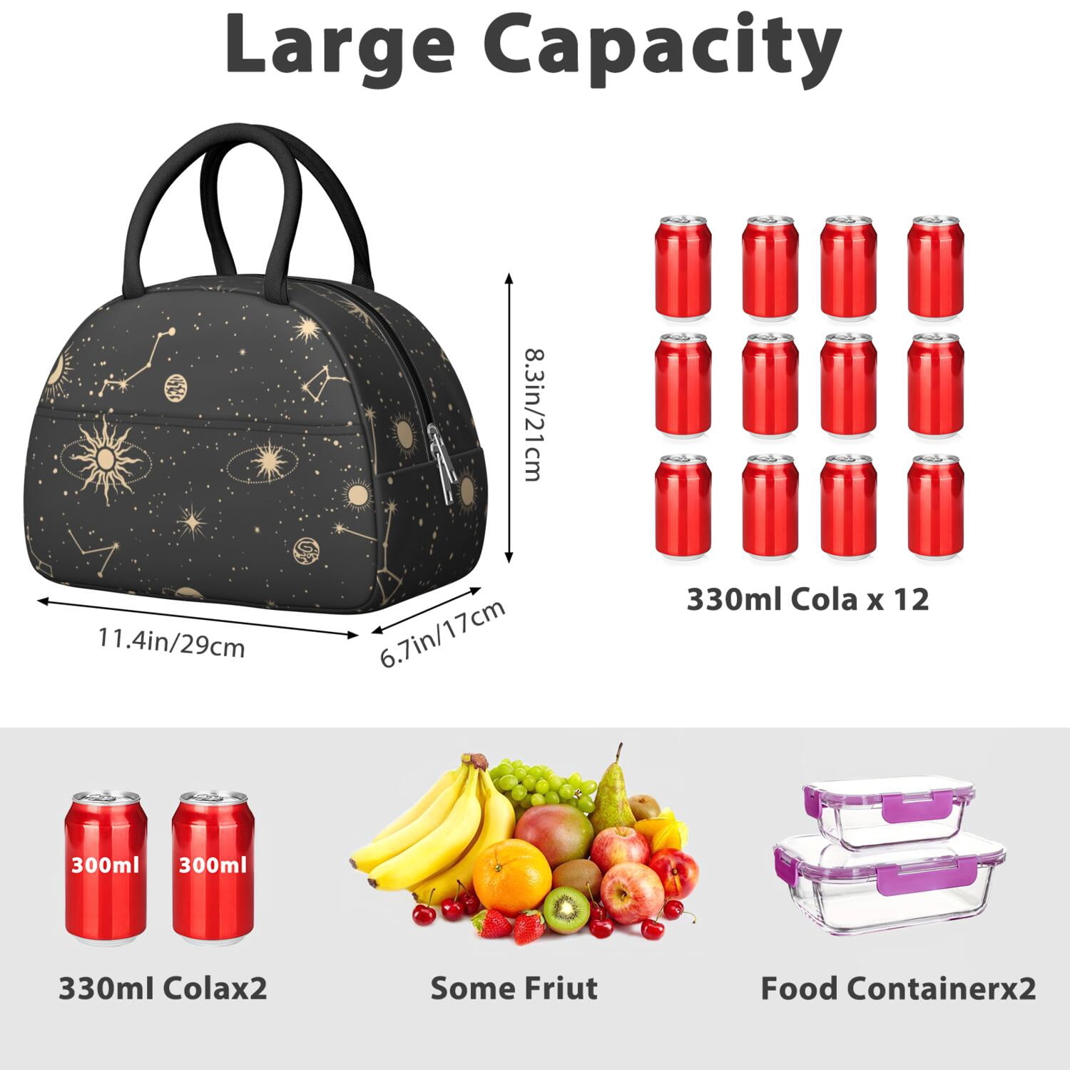 Witchy Spiritual Lunch Bag for Women, Gothic Sun and Moon Pattern with Starry Sky Print, Leakproof Thermal Tote for Work, Travel, or Meal Prep