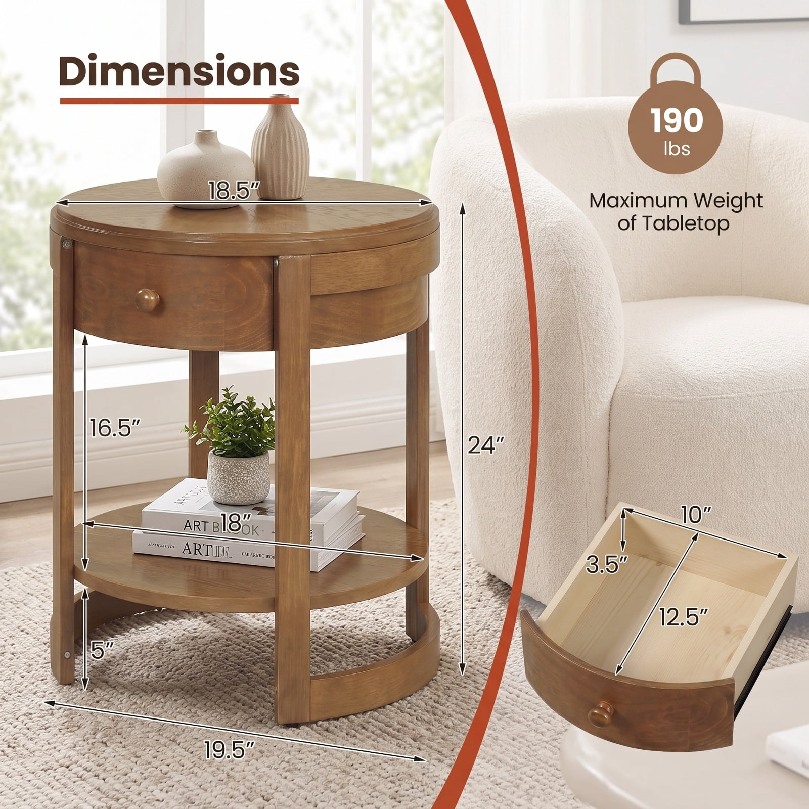 Furnibear Round 2 Tier Mid Century Nightstand with Drawer and Lower Shelf Wooden Bedside End Table for Bedroom Living Room, Oak