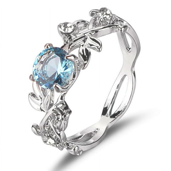 Womens Leaf Ring Alloy Inlaid Gemstones with Diamond Detailing Souvenir Gift Sea Blue Ring for Her Fashion Jewelry Ring