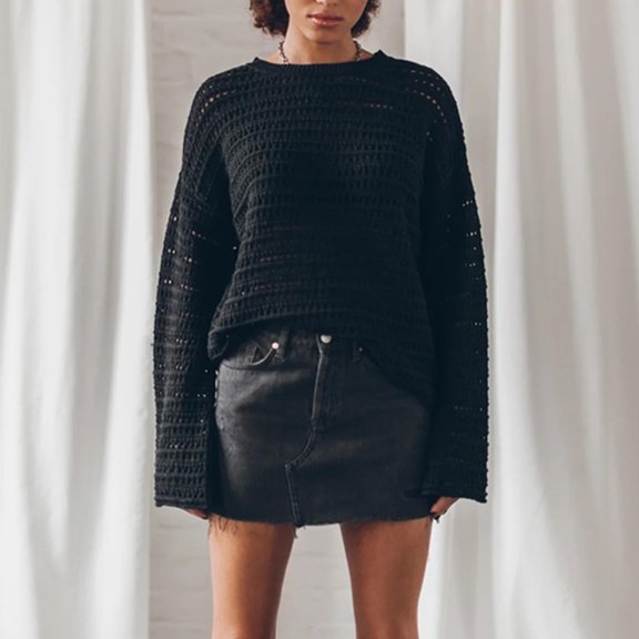 Blouses for Women Dressy Casual, Womens Loose Crew Neck Long Sleeve Sweater Loose Casual Crochet Hollow Out Knit Tops Pullover Shirts Beach Cover Up