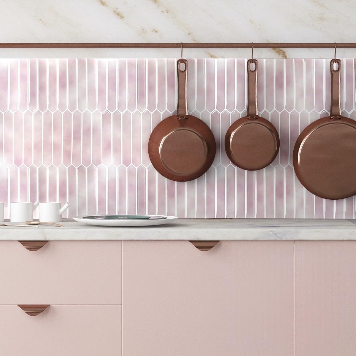 Tile Glossy Wood Marble Grain Backsplash Tile Peel and Stick, 10 Sheets Long Hexagon PVC Self Adhesive Mosaic Wall Tiles Stick on Backsplash for Kitchen and Bathroom