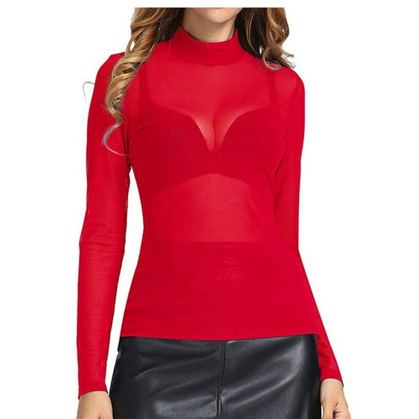 Top de malla de manga larga y cuello alto para mujer - Camiseta ajustada lisa - Poliéster-spandex elástico y transparente - Sexy y transparente para fiestas/discotecas