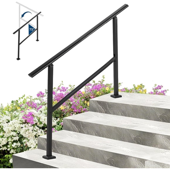 YUSAZENS 4 Step Carbon Steel Stair Handrail, Black Heavy Duty Outdoor Step Grab Rail for Garden Deck and Residential Stairs