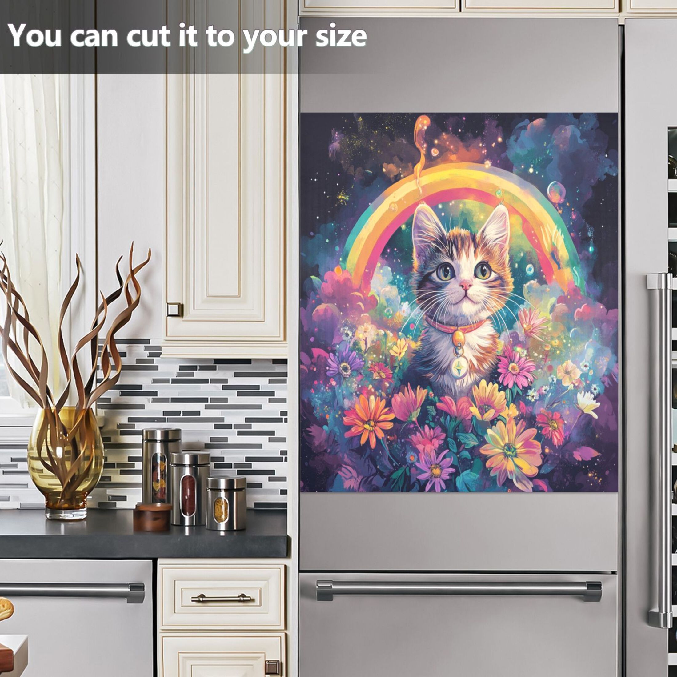 Dishwasher Magnetic Sticker 23x26 Inch Refrigerator Magnetic Sticker Washing Machine Magnetic Sticker Kitchen Panel Magnetic Sticker Home Decor Pretty Rainbow Cat