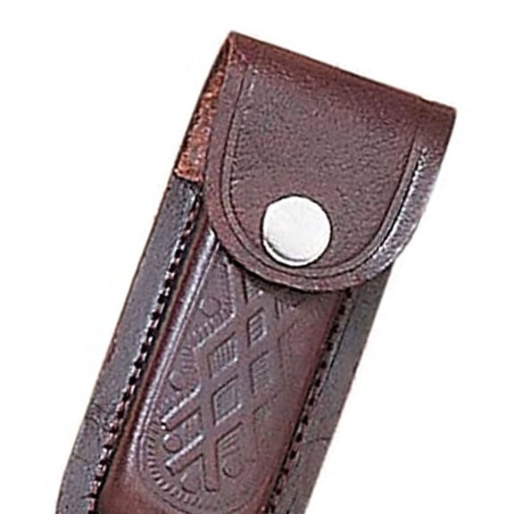 SZCO 4-Inch Genuine Brown Leather Folding Knife Pouch Embossed Heritage Pattern Belt Sheath with Snap Closure for Everyday Carry