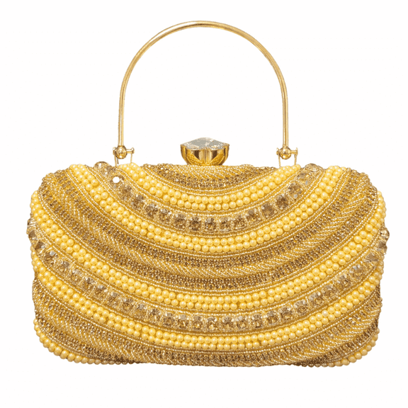 Hunar- Gold Pearl Beaded Evening Clutch Bag with Crystal Clasp & Metal Handle for women