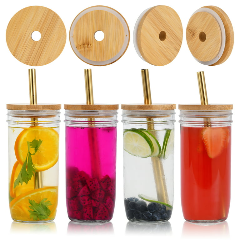 UPTRUST Drinking Glasses with Bamboo Lids and Glass Straw 4pcs Set