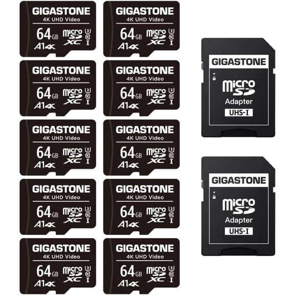Gigastone 64GB 10-Pack Micro SD Card, 4K UHD Video, Surveillance Security Cam Action Camera Drone Professional, 90MB/s Micro SDXC UHS-I A1 Class 10