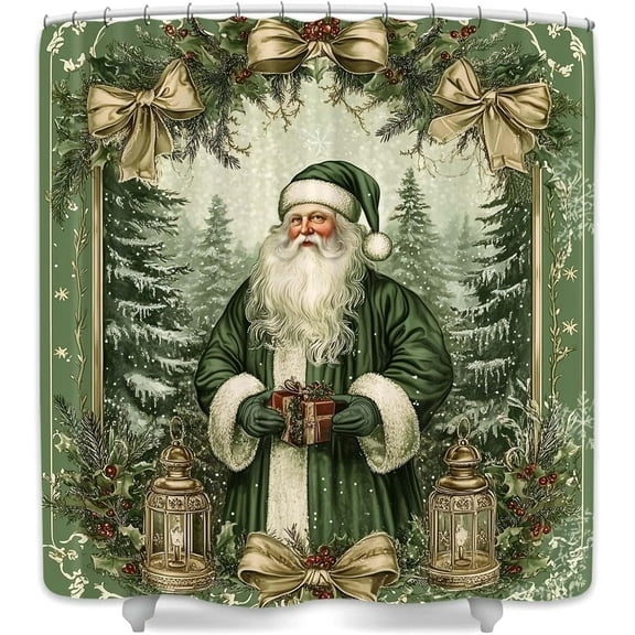 Vintage Christmas Shower Curtain, Cute Retro Victorian Santa Claus Merry Christmas Shower Curtain Set for Bathroom, Green Christmas Tree Fabric Bathroom Accessories Set with Hooks