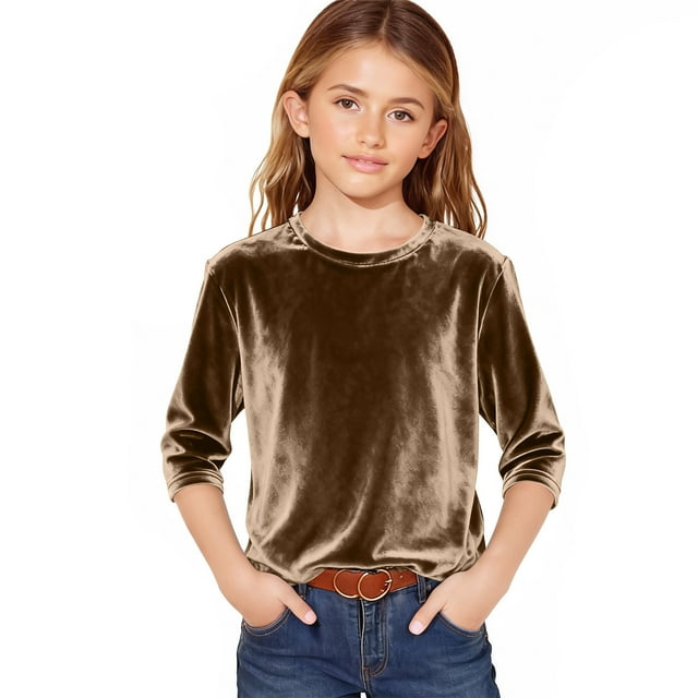 Top de terciopelo liso para niña con cuello redondo y mangas largas.