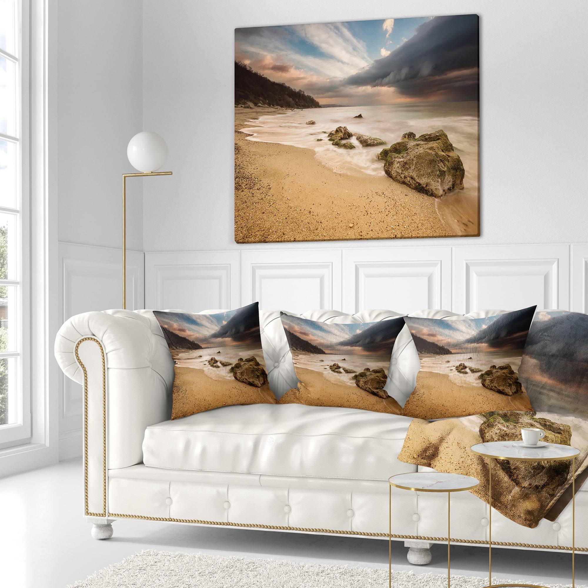 Designart Exotic Seashore with White Waves - Beach Photo Throw Pillow - 16x16